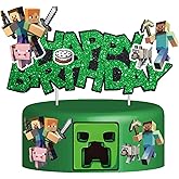 Pixel Styled Cake Decorations, Cartoon Happy Birthday Cake Topper, Video Game Themed Party Supplies for Boys & Girls (Green)