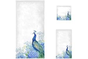 Naanle Beautiful Peacock Flowers Print Soft Luxury Decorative Set of 3 Towels, 1 Bath Towel+1 Hand Towel+1 Washcloth, Multipurpose for Bathroom, Hotel, Gym, Spa and Beach(Blue White)