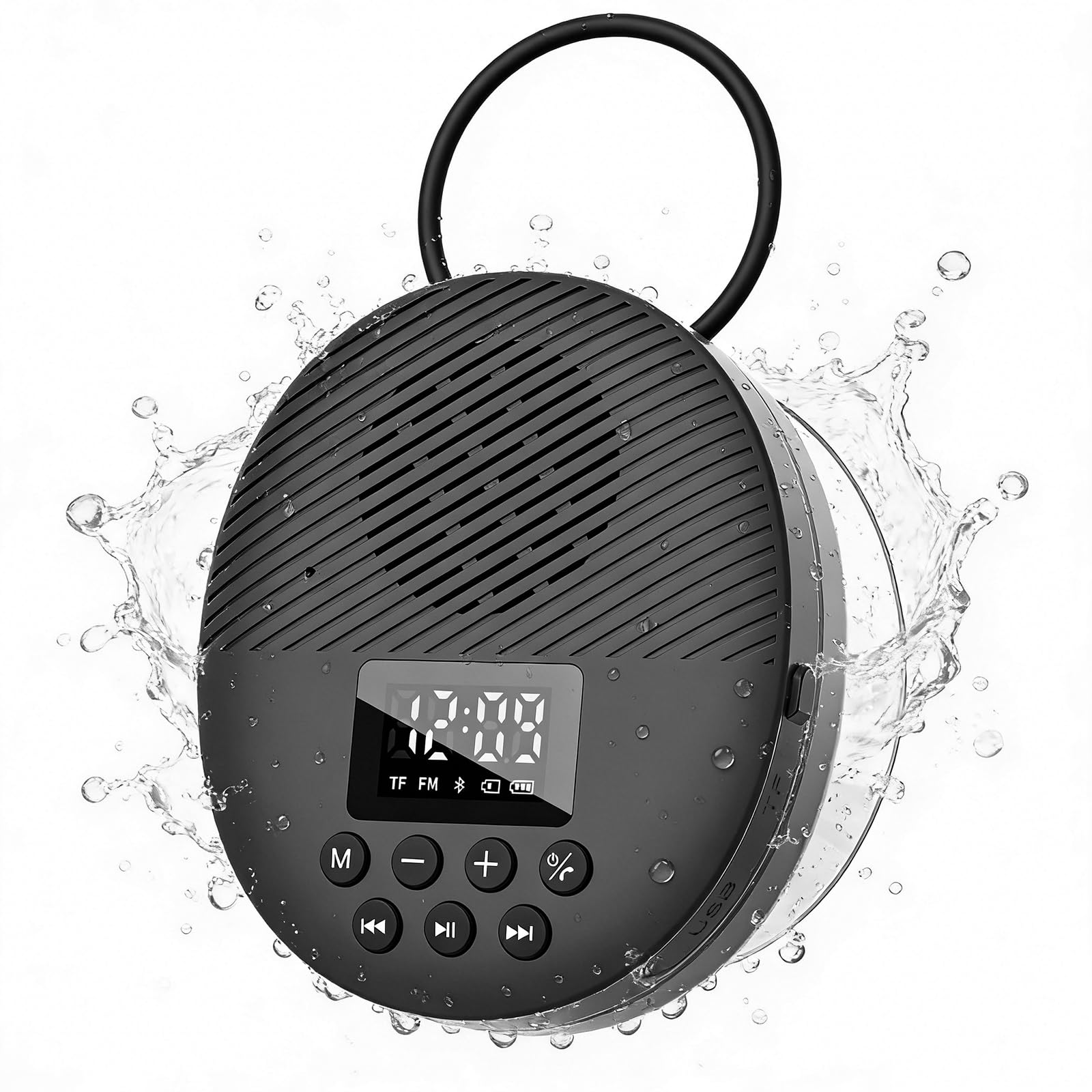 Shower Radio Speaker with Bluetooth 5.4, AGPTEK Waterproof Wireless Bathroom FM with Suction Cup 12H Long Playback Time, Lanyard, LCD Screen Display, Handsfree Calling, Storage Card Playback Black