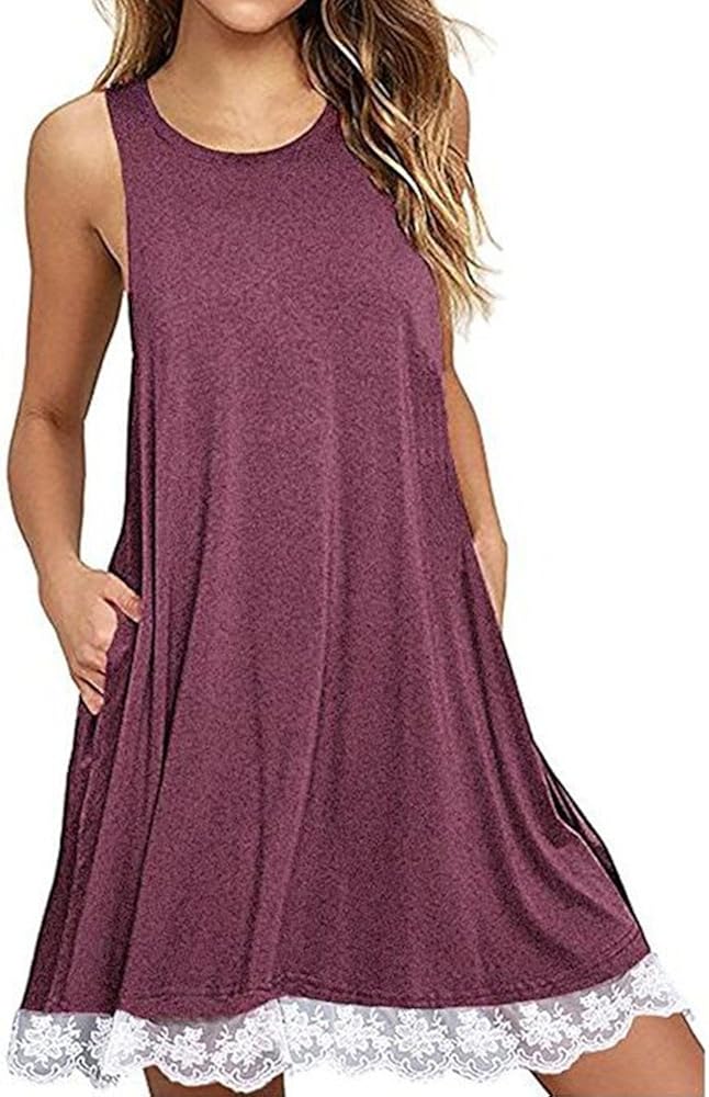 Sumeimiya Lace Dress for Women, Ladies Solid Sleeveless O Neck Dress Casual Loose Dress with Pocket