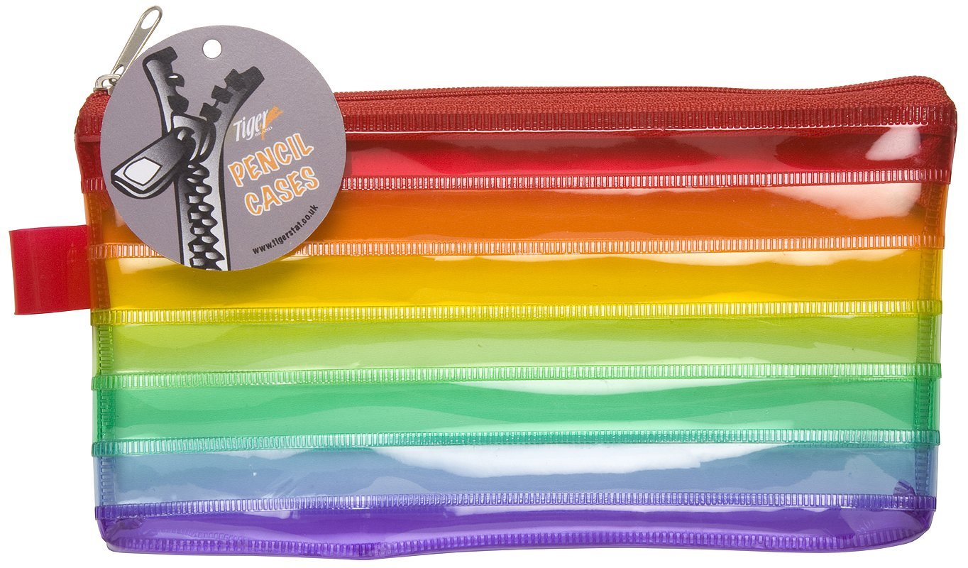 Rainbow Coloured Striped Flat Pencil Case Transparent Plastic Red Zip (School)