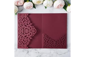 ponatia 20PCS Burgundy Laser Cut Wedding Invitations Pockets, Tri-fold 5x7 Laser Cut Invitation Pockets for Wedding Bridal Shower Quinceanera 15 Anos Invite (No Envelopes & Inner Sheets)
