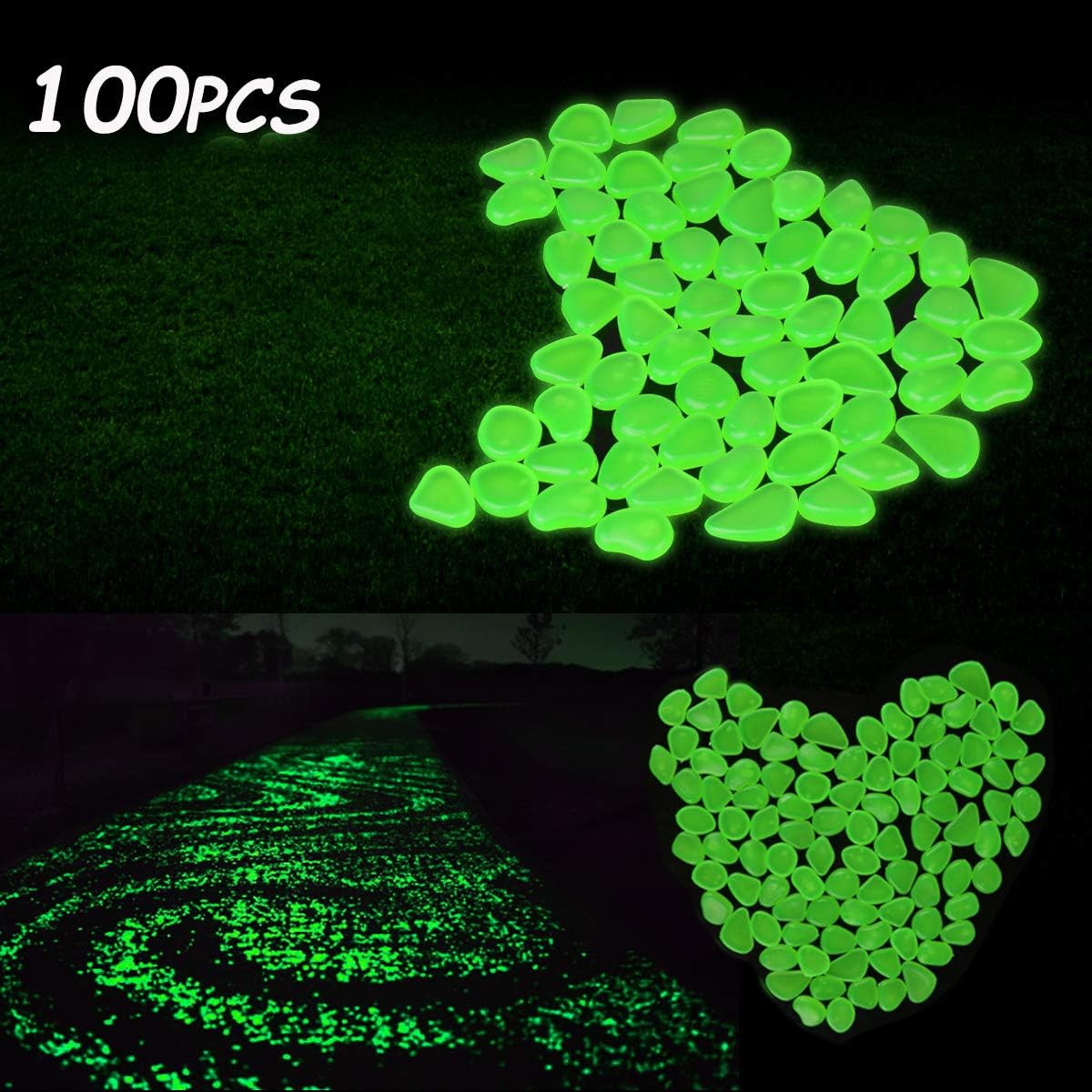 Blusea 100Pcs Glow in The Dark Garden Pebbles, Glow Stones Rocks for Outdoor/Indoor Decor, Garden Lawn Yard, Aquarium, Fish Tank, Walkway, Driveway, Pathway, Solar or LED Charged : Garden & Outdoor