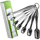 Set of 7 Metal Measuring Spoons, 18/8 Stainless Steel, Long Handle Teaspoon, Tablespoon, Narrow Measuring Spoon with Leveler for Spices, Protein Powder and Coffee, Kitchen Utensils for Cooking