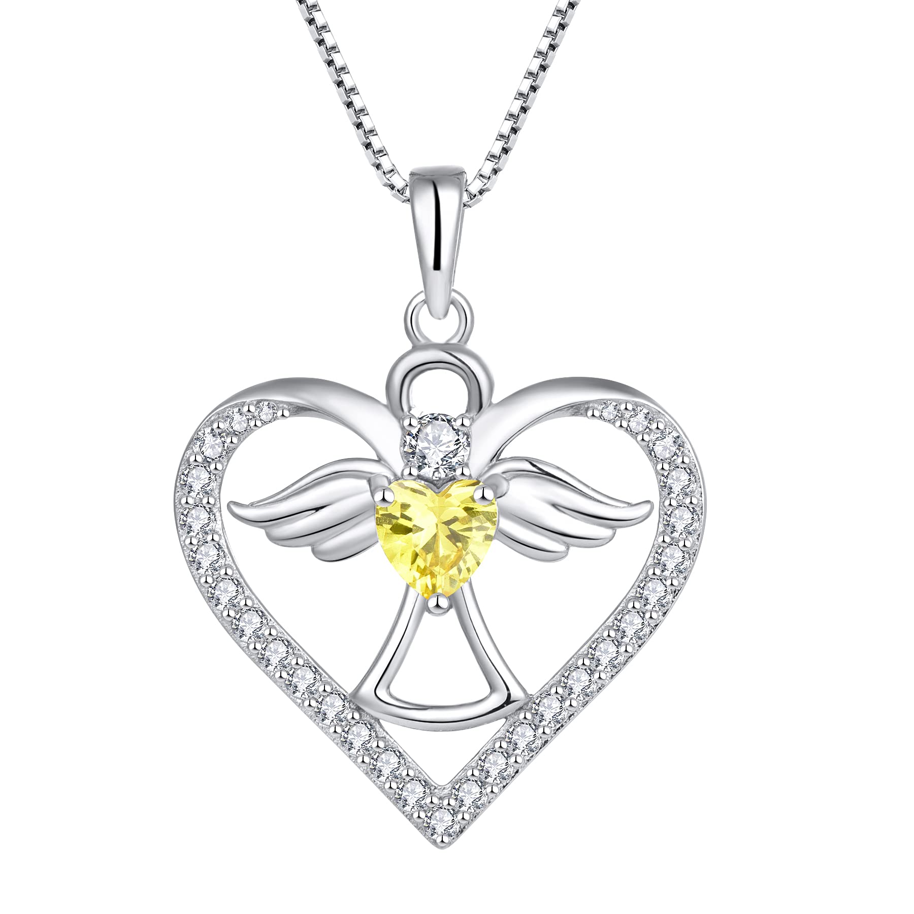 FJ Guardian Angel Necklace 925 Sterling Silver Heart Angel Wings Pendant November Birthstone Necklace Citrine Jewellery for Women