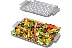 ESIE HOUZIE 2 Pieces Grill Basket - Stainless Steel Grilling Tray Durable Grill Pans with Holes for Outdoor Grill Small and Big Topper Baskets BBQ accessories for Vegetable, Fish, Meat, Seafood 11"x7" & 14"x10"