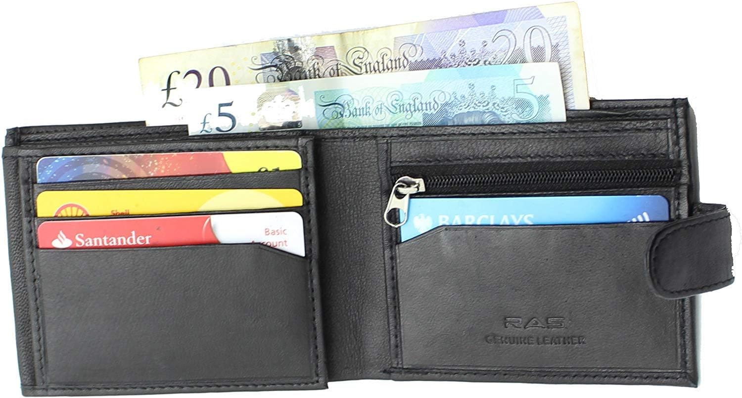 RAS Mens Black Wallets Slim RFID Blocking Genuine Leather Trifold Wallet Card Holder with Zipper Coin Pocket and ID Window Pocket - Image 3