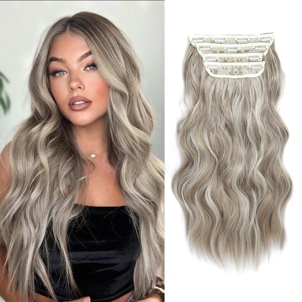 Hair Extensions Clip in Long Wavy Hair Extension 4pcs Ash Blonde Mix Platinum Blonde hair Full Head Hair Extensions Synthetic Fiber Hair Pieces for Women