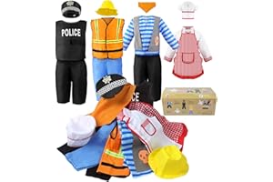 Jeowoqao Boy's Dress Up Costumes Set, Kids Role Play Set 11pcs Dress Up Trunk Pirate, Chef, Construction Worker, Policeman Costume For Kids Girls Toddler Age 3 4 5 6 Christmas Birthday Gift