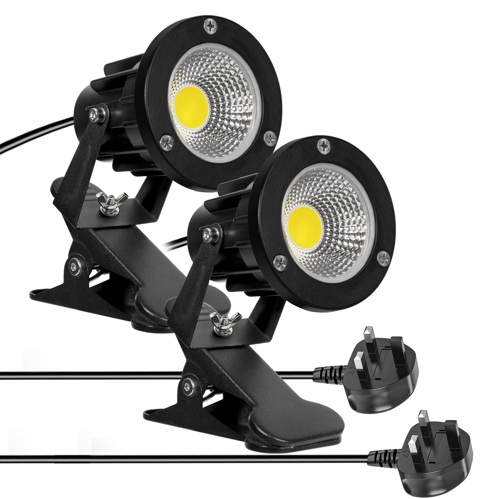 Milpoel COB LED Clip on Spot Lights, 7W, 3M Cord, IP65 Waterproof, for Indoor/Outdoor Pathway, Deck, Lawn, Patio, Walkway, Billboard (White Light, 2 Pack)