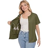USBD Post Mastectomy Shirt with Drain Pockets Crew Neck Post Op Button Down Recovery Tops