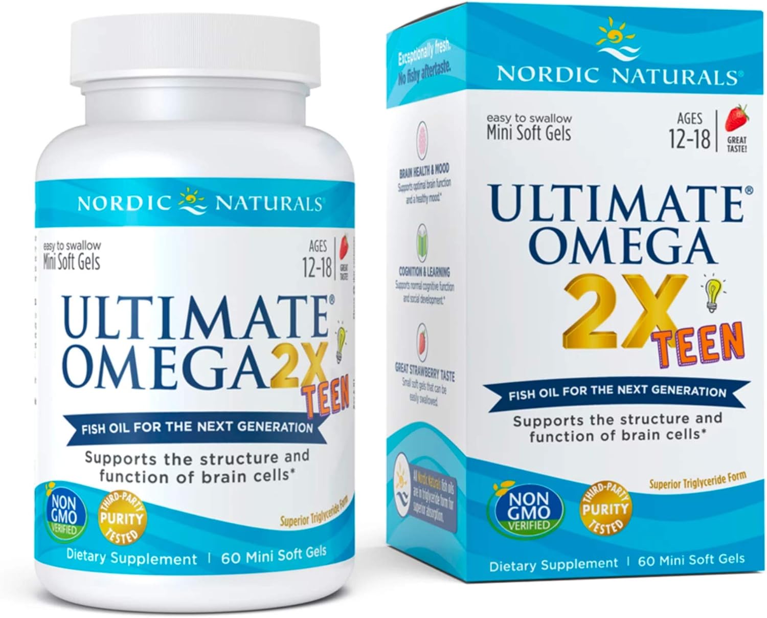 Nordic Naturals Ultimate Omega 2X Teen, Strawberry - 60 Mini Soft Gels - 1120 mg Total Omega-3s with EPA & DHA - Brain Health, Positive Mood, Social Development, Learning - Non-GMO - 30 Servings: Health & Personal Care