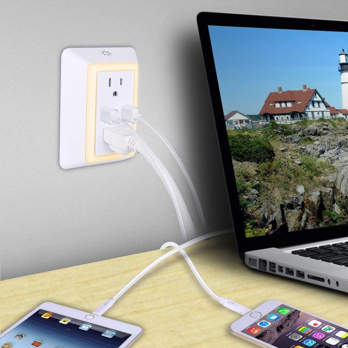USB Wall Charger, Surge Protector, POWRUI USB Outlet with 2 USB Ports (2.4A Total) and Dusk-to-Dawn Sensor Night Light, 1080Joules, ETL Listed - White (2-Pack): Home Audio & Theater