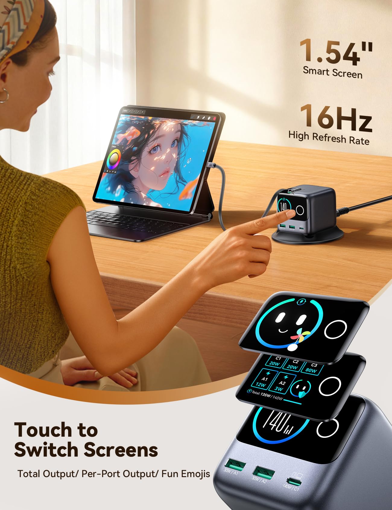 JOYROOM PODIX 140W 5‑in‑1 GaN Ultra Ladelstation, USB‑C Schnellladegerät mit 2 retraktablen 100W Kabeln (80 cm), 1,54" Smart LCD‑Anzeige, kompatibel mit MacBook, iPhone, Samsung | Für Büro & Zuhause 5