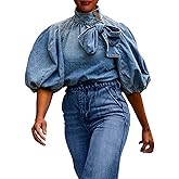 SEMATOMALA Women's Puff Sleeve Blue Denim Blouse Top Bow Tie Mock Neck Short Sleeve Oversized Pullover Jean Shirt