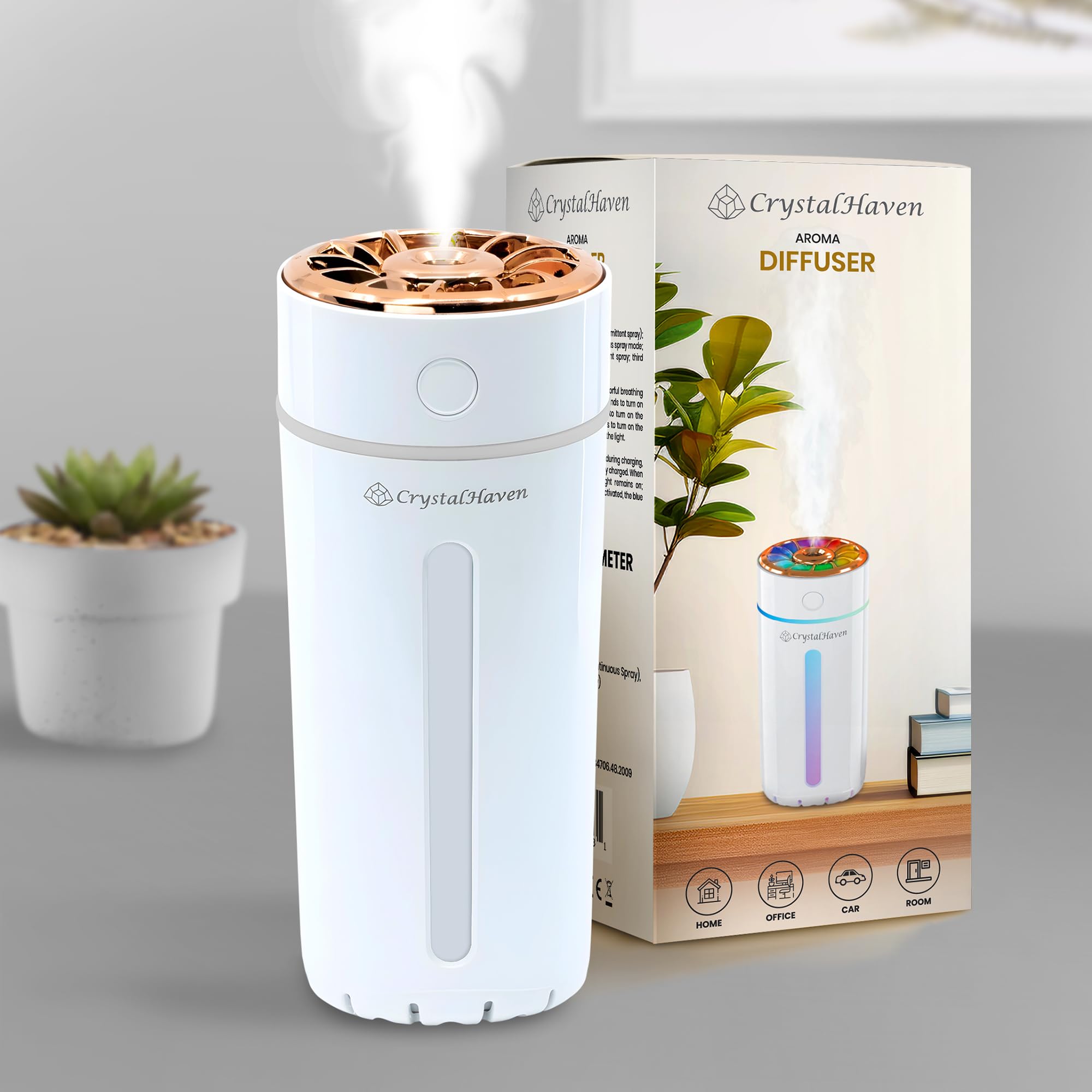 Photo 1 of CrystalHaven Cordless Rechargeable Essential Oil Diffuser Portable & Travel Humidifier with LED 360ml Aromatherapy, Quiet, USB Powered, Auto Shut-Off, Cool Mist – Uses Water & Oils for Home, Bedroom