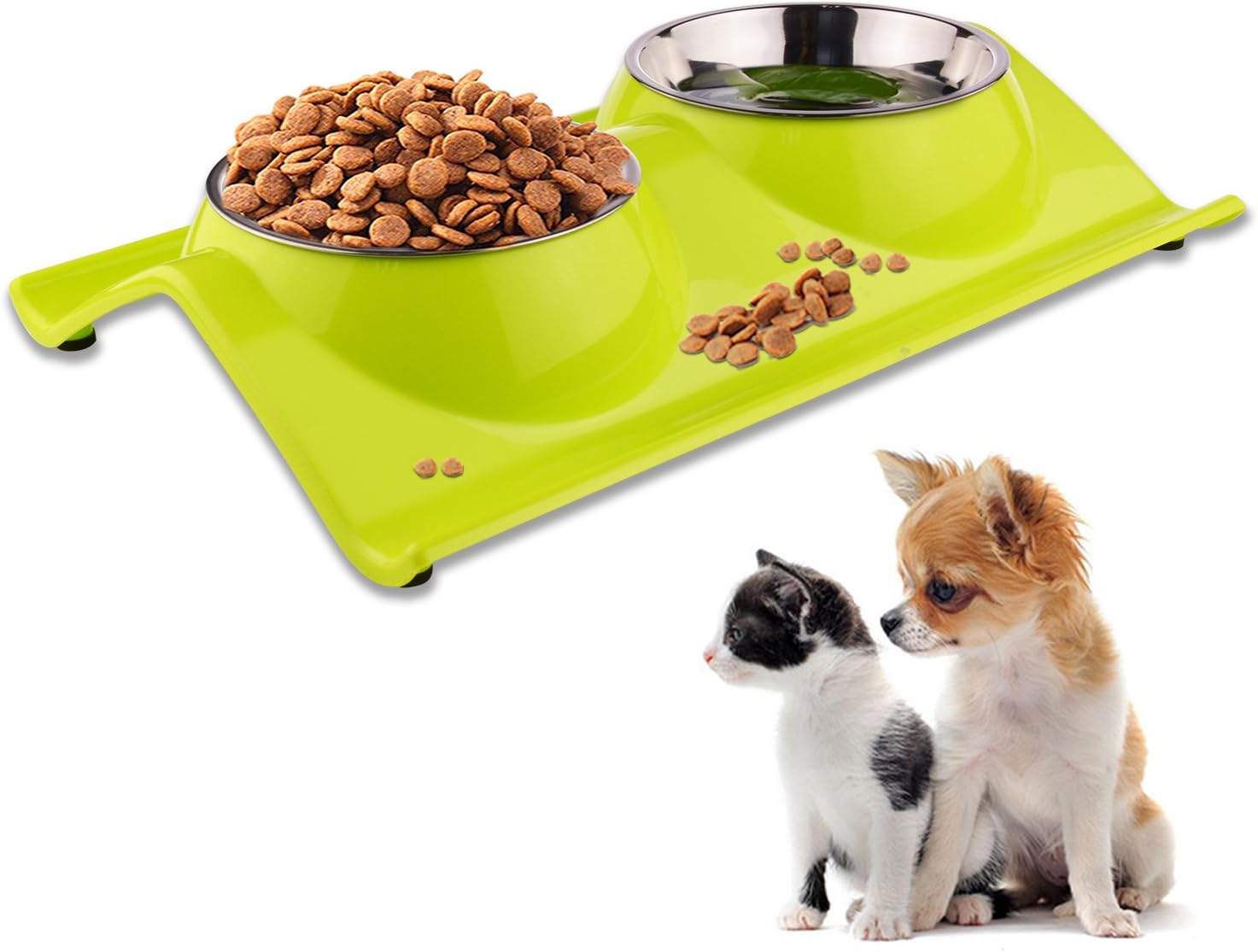 Pet Dog Bowl Food Water Dish Feeder Bowls Double Stainless Steel Cat Puppy Bowls No spill & No Skid for Small Animals (Green)