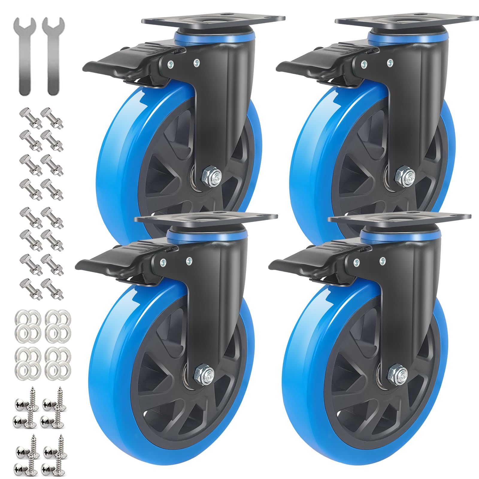 IQWTU 150MM Heavy Duty Castor Wheels Furniture Castors with Brakes, Double Bearing PU Trolley Wheels Rubber Swivel Castor, 4 Industrial Plate Casters Capacity 900KG