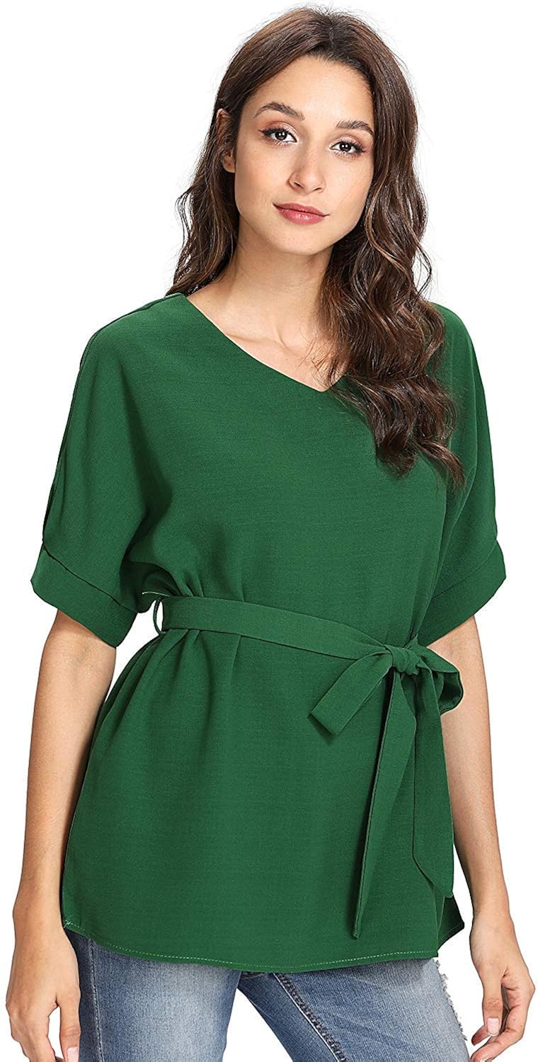 Milumia Women's Casual V Neckline Short Sleeve Self Tie Dressy Work Blouse Tunic Tops at  Women’s Clothing store