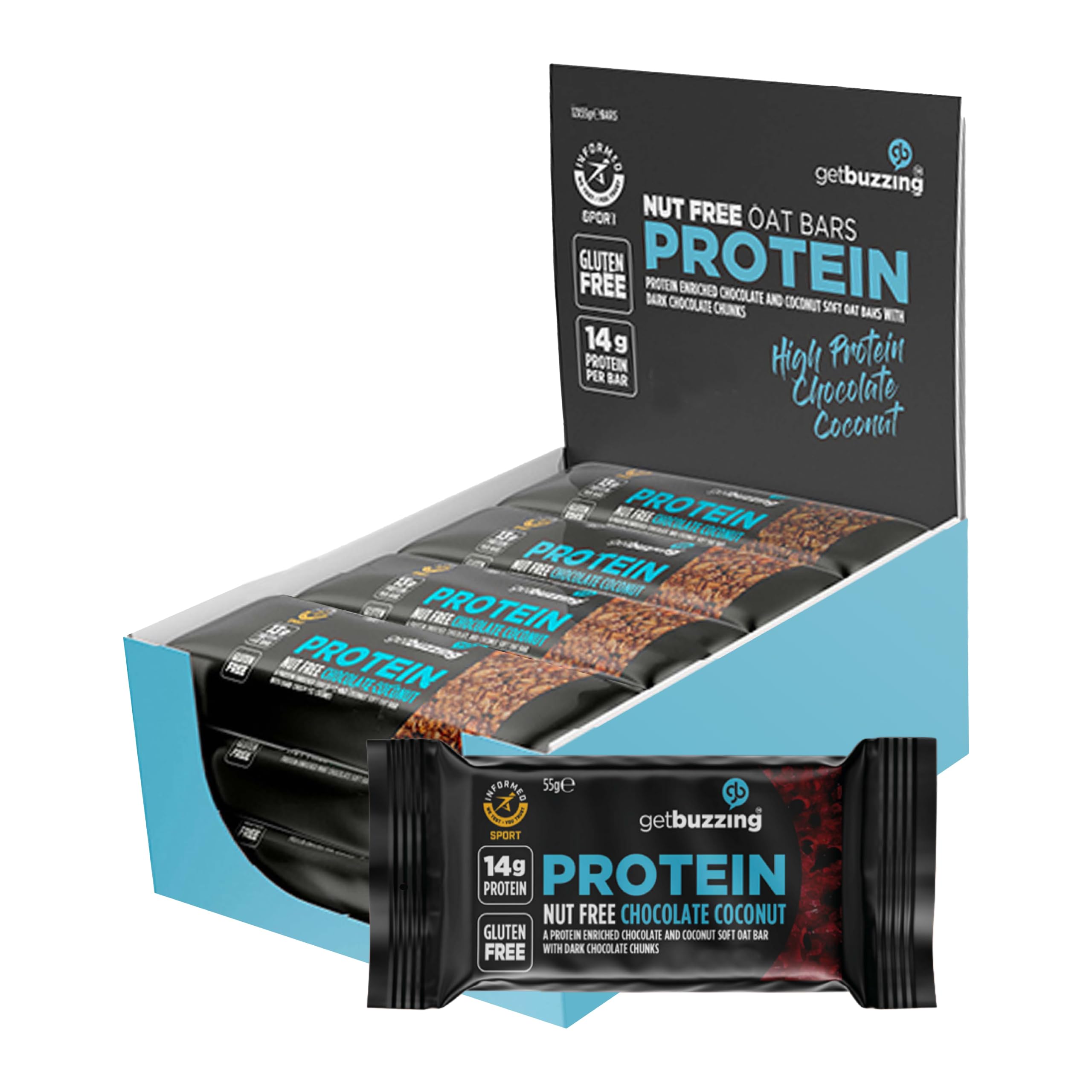 Getbuzzing Nut Free Oat Protein Flapjack Bars – Gluten Free Healthy Snack with Natural Ingredients, High Fibre & School Safe – 12 x 55g Pack – [Chocolate Coconut] - Supports Running, Cycling and Gym
