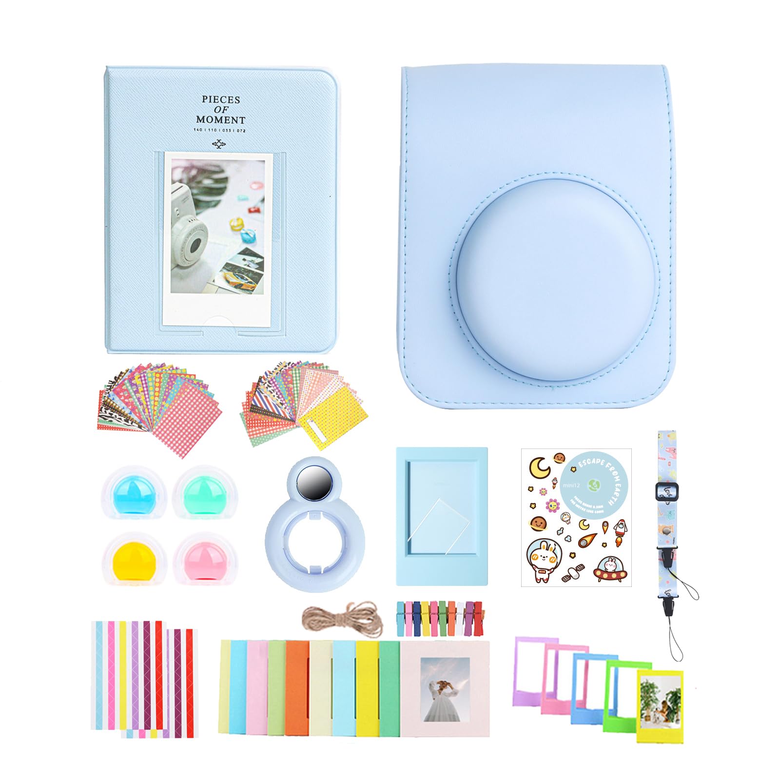 12 in 1 Accessories Kit for Fujifilm Instax Mini 12 Instant Camera With Camera Case+Photo Album & Frames+DIY Sticker+Selfie Lens+Wall Hanging Frame+Colored Filter (Pastel Blue)