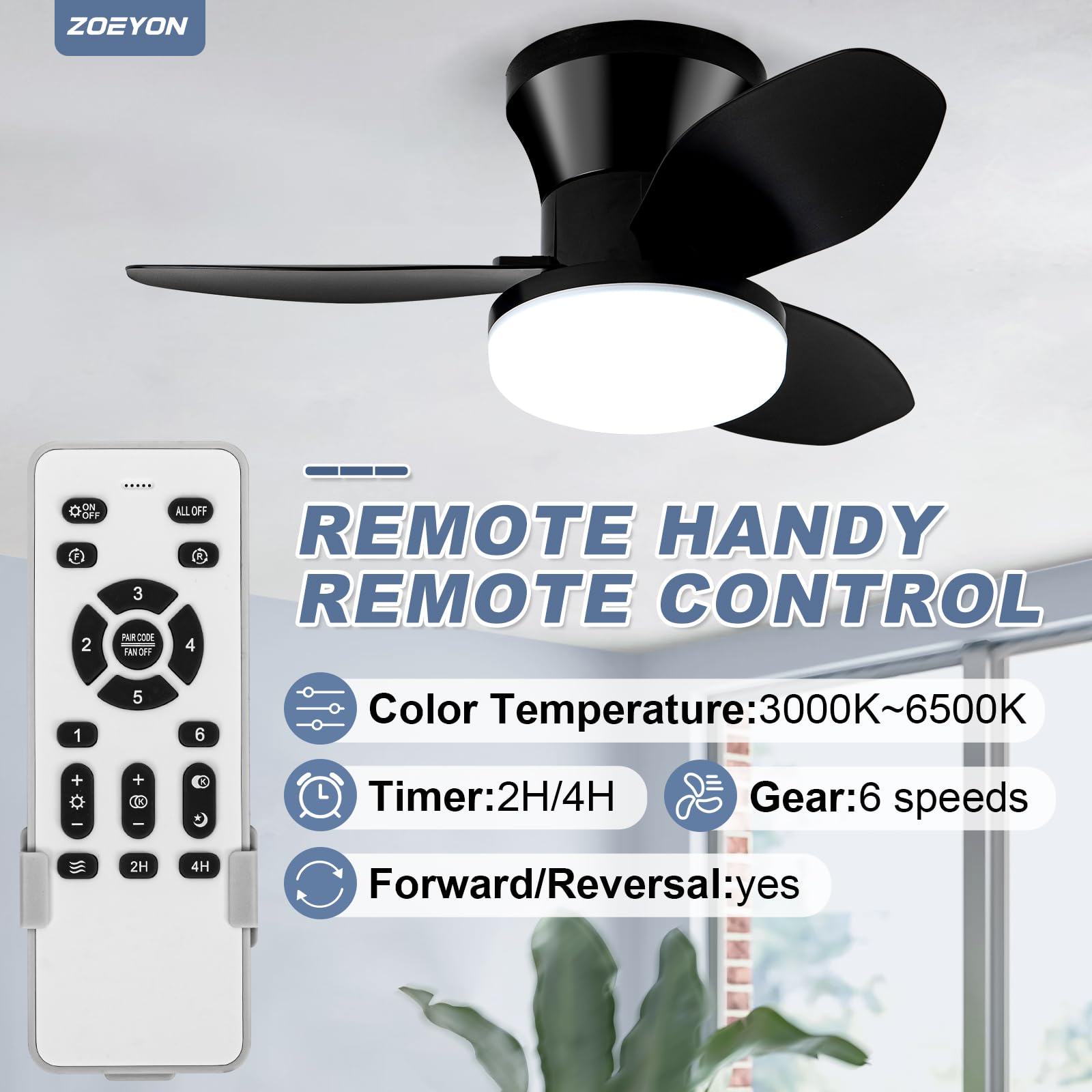 ZOEYON Small Ceiling Fan with Light - 26 Inch Flush Mount Ceiling Fan with Lights and Remote, Low Profile Ceiling Fans with 3 Reversible Blades, 6 Wind Speeds, Black Ceiling Fans for Bedroom