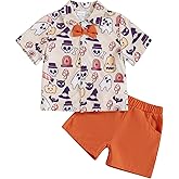 Rtnnsbbfcm Toddler Baby Boy Halloween Outfit Short Sleeve Bow Tie Pumpkin Ghost Button Down Shirt Top Shorts 2Pcs Set