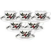 Portmeirion Holly and Ivy 7 oz Holiday Teacup and Saucer Set (Set of 6) - Earthenware Holly Motif, Festive Tableware for Christmas Tea Parties, Elegant Seasonal Gifts - Dishwasher & Microwave Safe