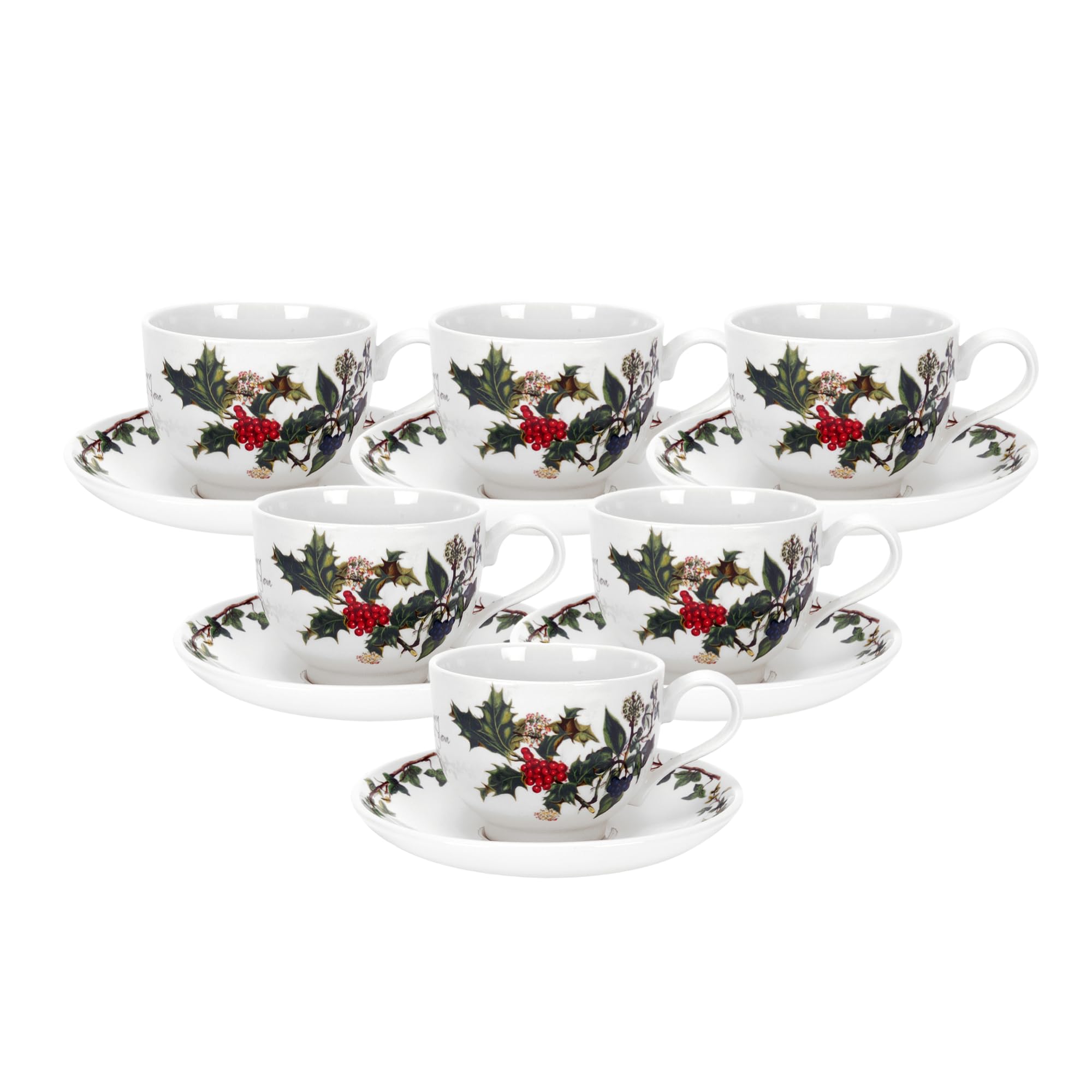 Portmeirion The Holly & Ivy Tea Cup and Saucer, Ceramic, Multi-Colour, Set of 6