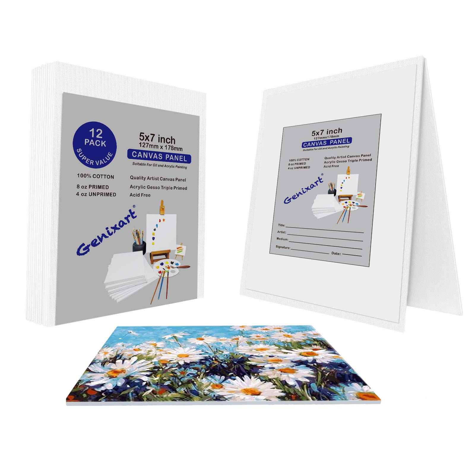 Genixart White Blank Canvas Panels for Art - Primed Artist Canvases Boards for Acrylics & Oils Painting (13x18cm / 5"x7" Inch - 12 Pack)