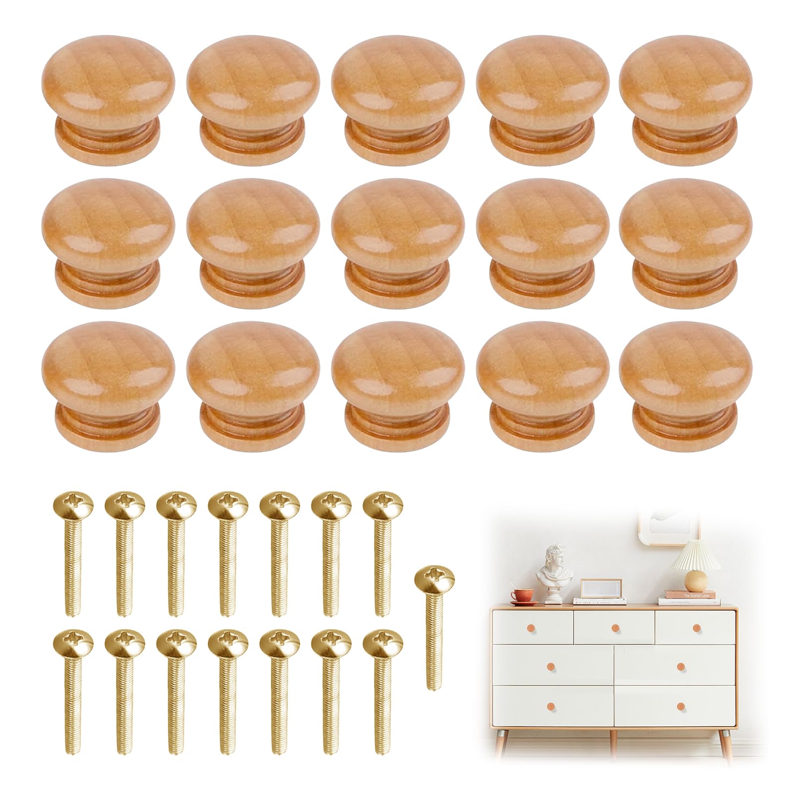 MADGININE Wooden Drawer Knobs with Screws 15PCS, Door Knobs for Cupboards, Round Mushroom Wooden Cabinet Furniture Handles for Home Kitchen Office Door 2.8 X 2.1cm / 1.12 X 0.83 Inches