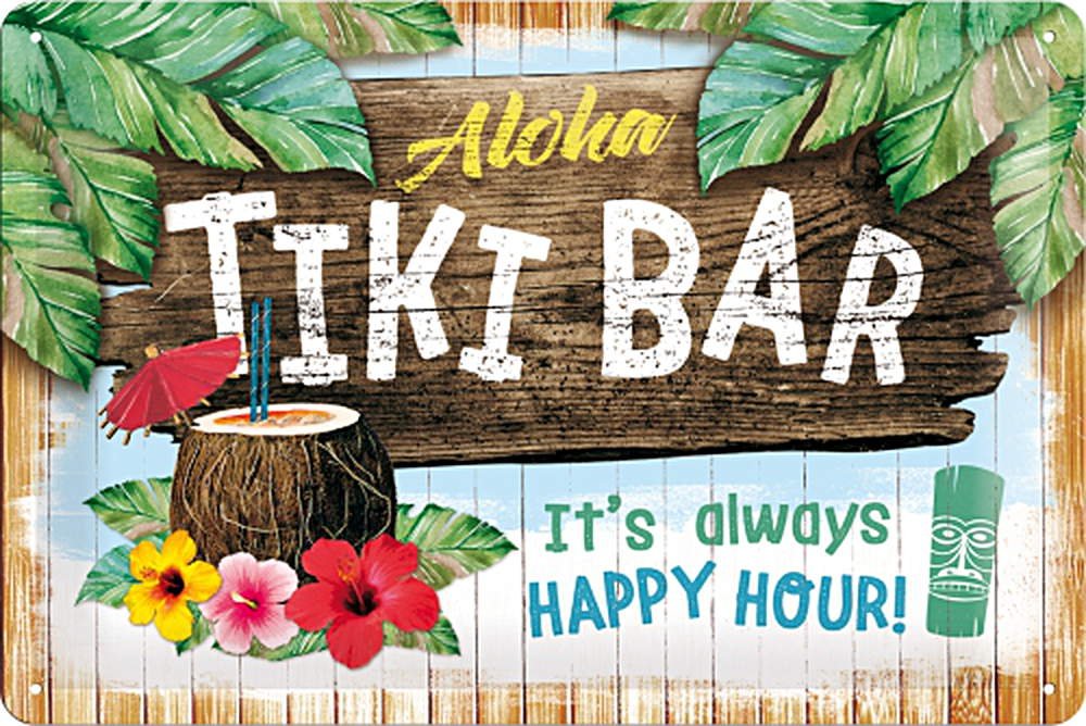Nostalgic-Art Retro Tin Sign – Open Bar – Tiki Bar – Gift idea for cocktail fans, Metal Plaque, Vintage design for wall decoration, 20 x 30 cm