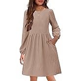 YOVION Girls Knit Dress Crew Neck Long Sleeve Plain A-Line Fall Casual Dresses with Pockets for 6-12 Y
