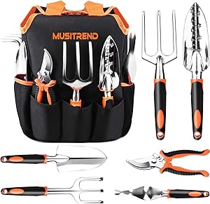 JORLAI Garden Tool Set, 7 Piece Stainless Steel Heavy Duty Gardening Tool Sets with Storage Pocket, Ideal Garden Tool Kit Gift for Women/Parent