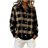 Women's Plaid Print Casual Cotton Buttoned Cardigan Sweater Fall Tartan Cardigans Buffalo Plaid Fluffy Collared Jacket