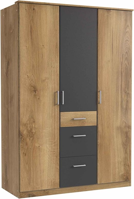 Lifestyle4living Kleiderschrank Planken Eiche Graphit Grau 135cm Drehturenschrank Mit 3 Turen 3 Schubladen 2 Kleiderstangen 4 Einlegeboden Im Modernen Stil Amazon De Kuche Haushalt