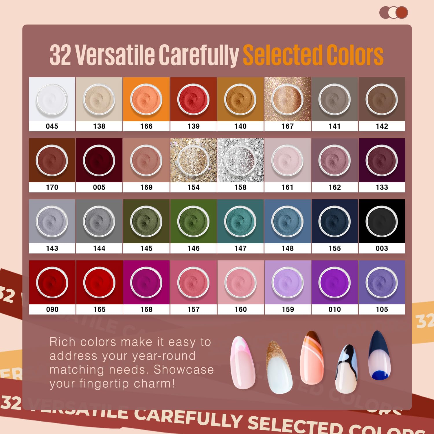 MEFA Dip Powder Nail Kit Orange Brown Grey Green White 32 Fall Winter Dark Colors Dipping Powder with Base Top Coat Activator Brush Saver Liquid Set Recycling Tray, French Nail Art Manicure Salon - Image 8