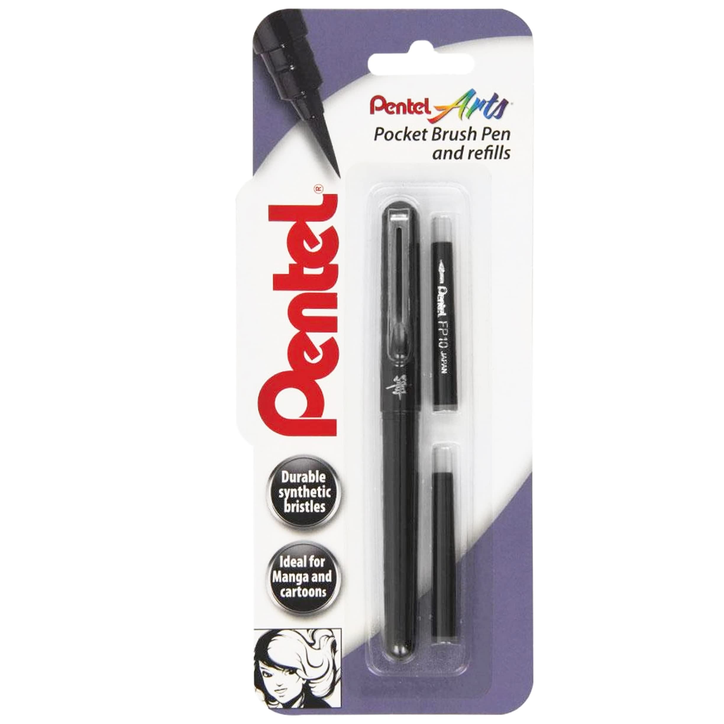 Pentel Arts XGFKP Pocket Brush Pen and Two Refills, Black Ink