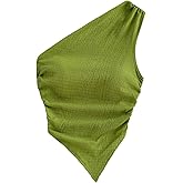 Milumia Women's One Shoulder Tank Tops Summer Ruched Asymmetrical Off The Shoulder Sleeveless Going Out Crop Tops