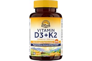 Vitalitown Vitamin D3 K2 Supplement, Vitamin D3 10000 IU Vitamin K2 (MK7) 200 mcg, 90 Softgels, Non-GMO, No Gluten & Soy, for Bone, Teeth, Immune & Heart Health