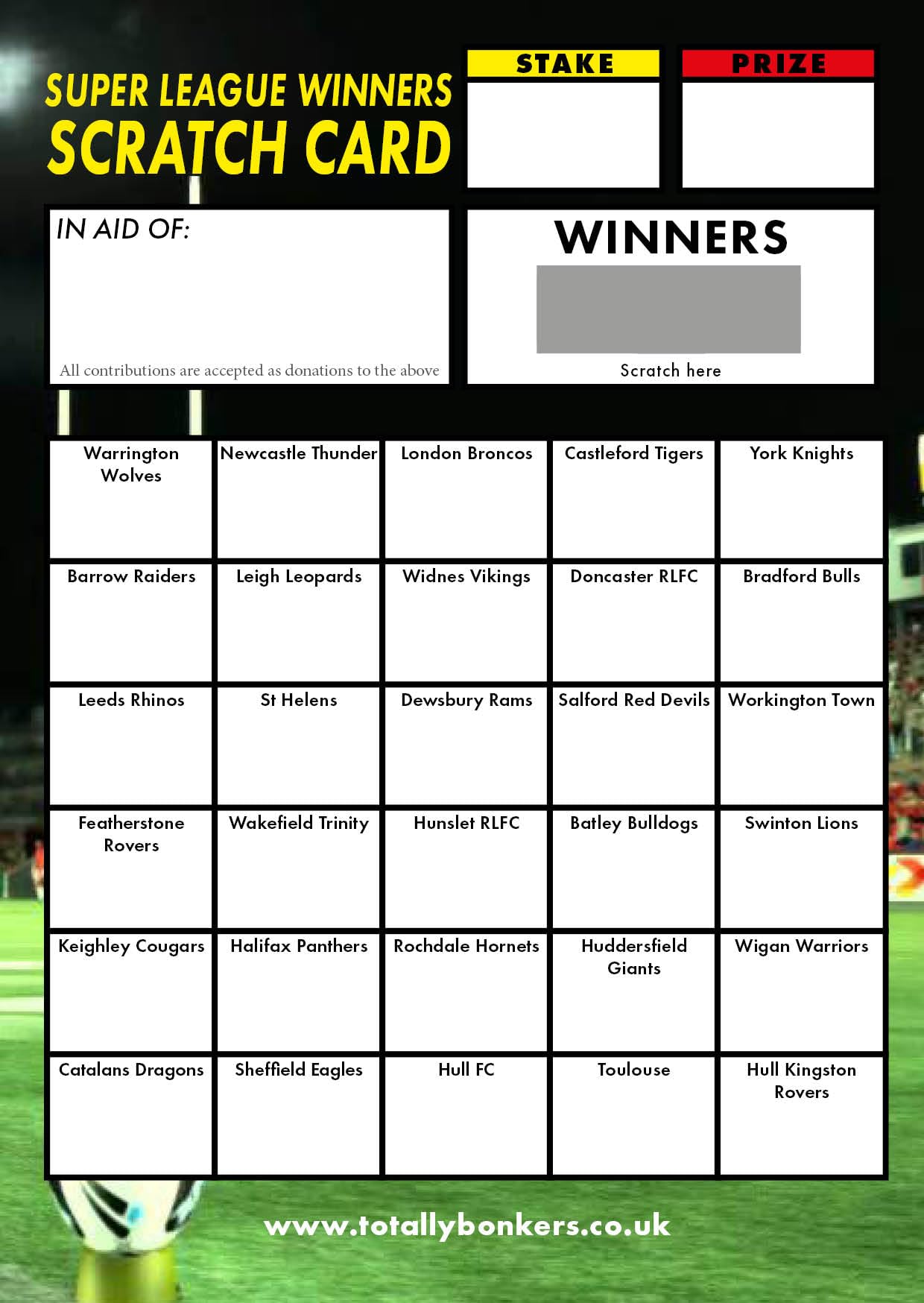 Totally Bonkers - Rugby League Fundraising Scratch Cards - 30 SQUARE - A6 (148x105mm) -10 Pack - TB0010 - Blind Card