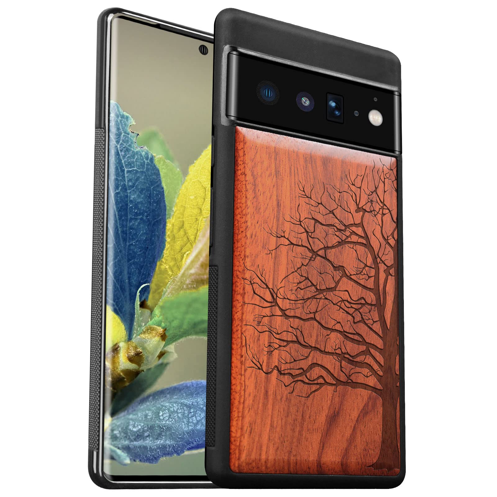 Carveit Wood Case for Pixel 6 Pro Case 2021 [Hard Real Wood & Soft TPU] Shockproof Hybrid Protective Cover Unique & Classy Wooden Case Compatible with Google Pixel 6 Pro Case (Eternal Tree-Rosy)