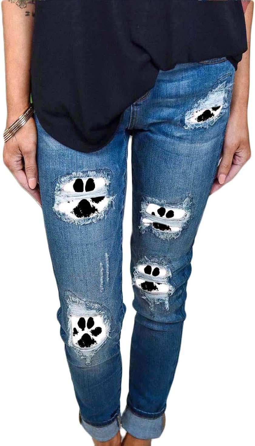 Women's Dog Paw Ripped Jeans Denim Trouser Mid Rise Washed Vintage
