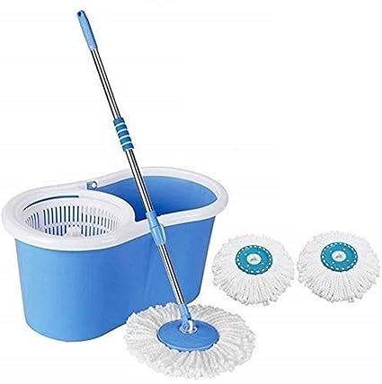 Mopnme Microfiber 2 Refill 360 Spin Bucket Mop with Wheel to Easy Moving (Medium, Blue)