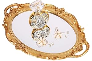 XPXKJ Vintage Mirror Tray Gold Framed Wall Mirror- Antique Decor for Home & Baroque Rooms - Cute Jewelry Plate Tray Combo -Gold