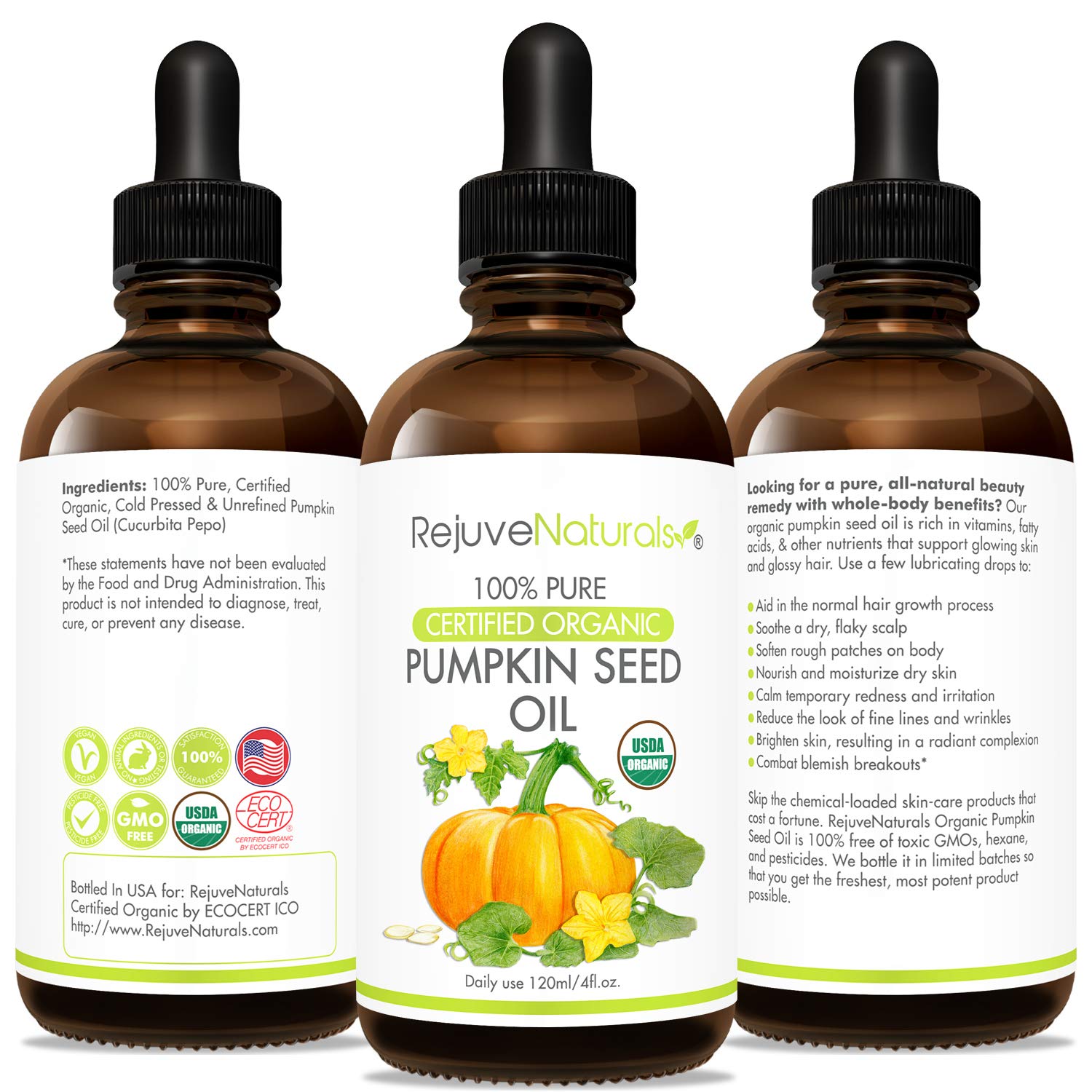 Organic Pumpkin Seed Oil (LARGE 4-OZ Bottle) USDA Certified Organic, 100% Pure, Cold Pressed. Boost Hair Growth for Eyelashes, Eyebrows & Hair. Overactive Bladder Control for Men & Women. Moisturizer: Beauty