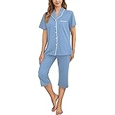 Womens Capri Pajamas Set Button Down Short Sleeve Lounge Sets Sleepwear Notch Collar Top & Capri 2 Piece PJ Sets