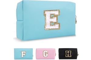 CHAOGREAT Small Personalized Initial A-Z Preppy Patch Makeup Bag,PU Chenille Letter Travel Cosmetic Pouch with Zipper,Blue Cute Toiletry Bag,Gift Ideal for Teen Girls Women Teacher Bridesmaid,Letter E