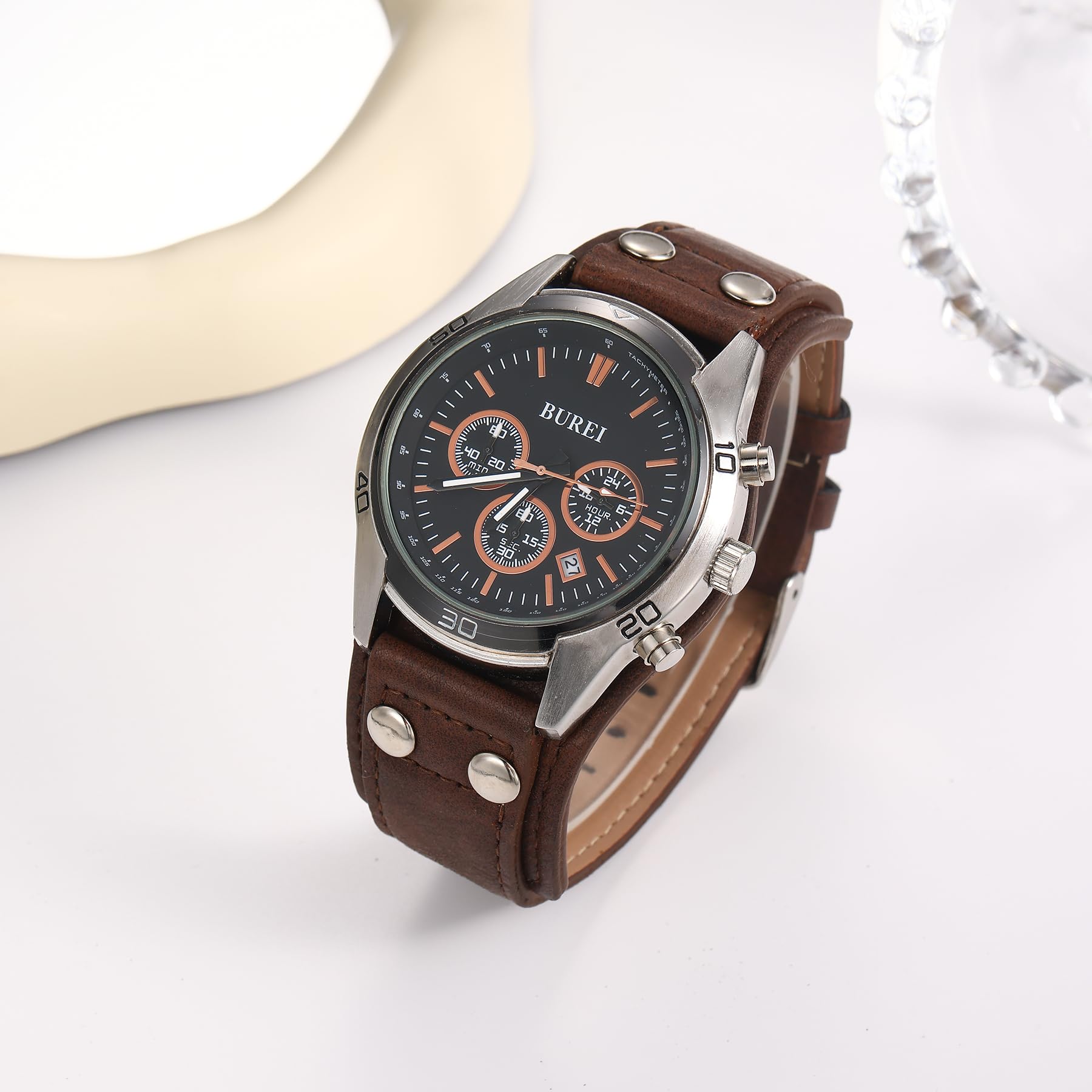 BUREI Men Watches,Waterproof Analog Dress Wrist Brown Leather Watches for Men with Black dial,Multifunction Watches for Men., BS0112-ZHZYZ