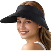 Pleneal Sun Hats for Women Wide Brim Sun Visor Hat Foldable Ponytail Cap | UPF50+ Summer Beach Hat with Adjustable Buckle &amp; Windproof Strap, 5.6" Wide Brim, Ponytail Open-Top, Lightweight Packable